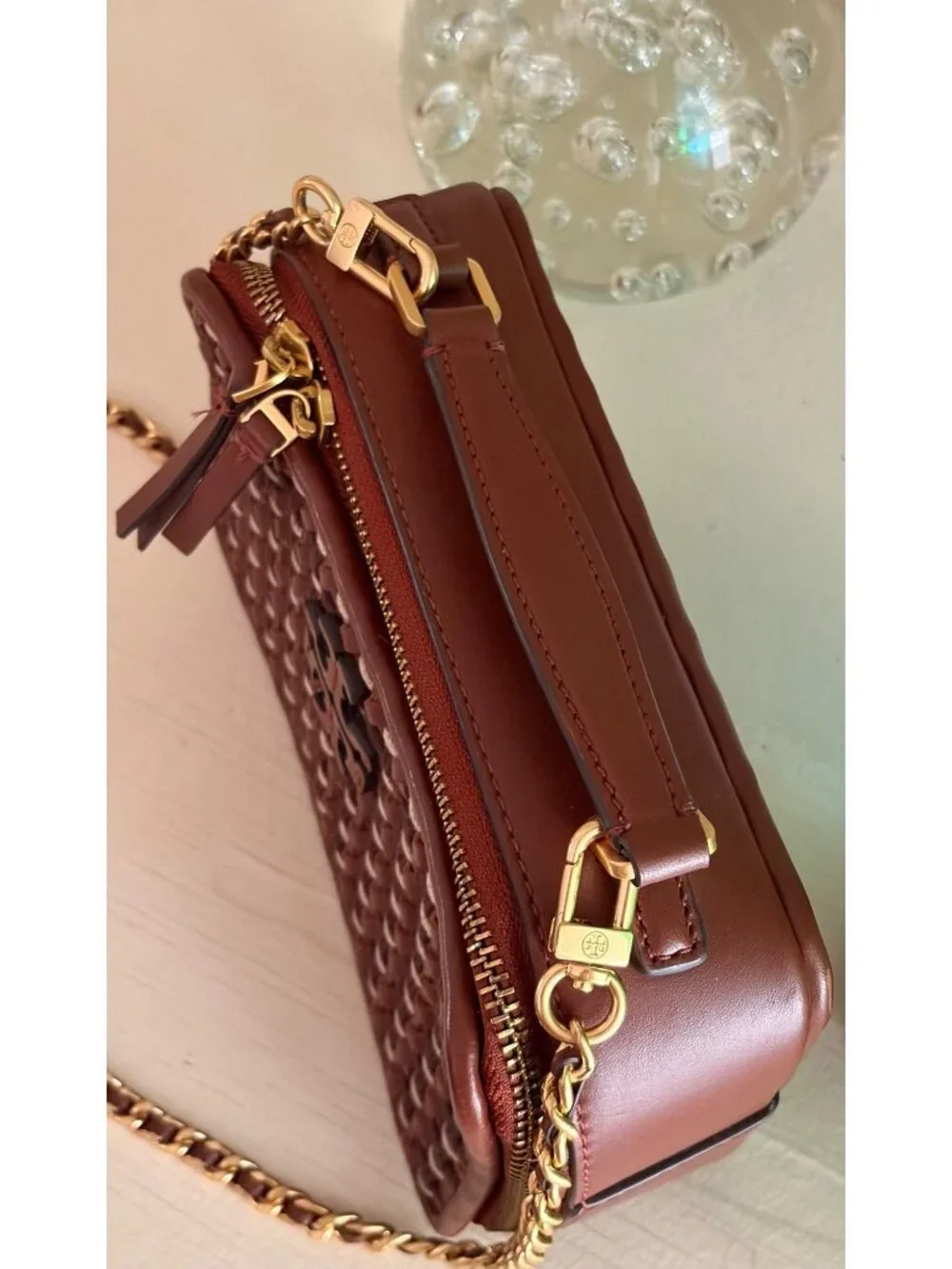 TORY BURCH Britten Woven Small Top Handle Case Bag Brown Gold Crossbody